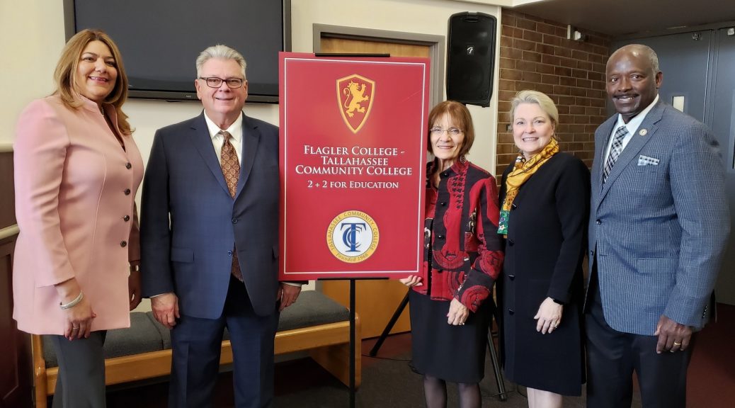 Executive Vice President Madeline Pumariega and President Jim Murdaugh at the Flagler College elementary education articulation agreement signing with three TCC Board members