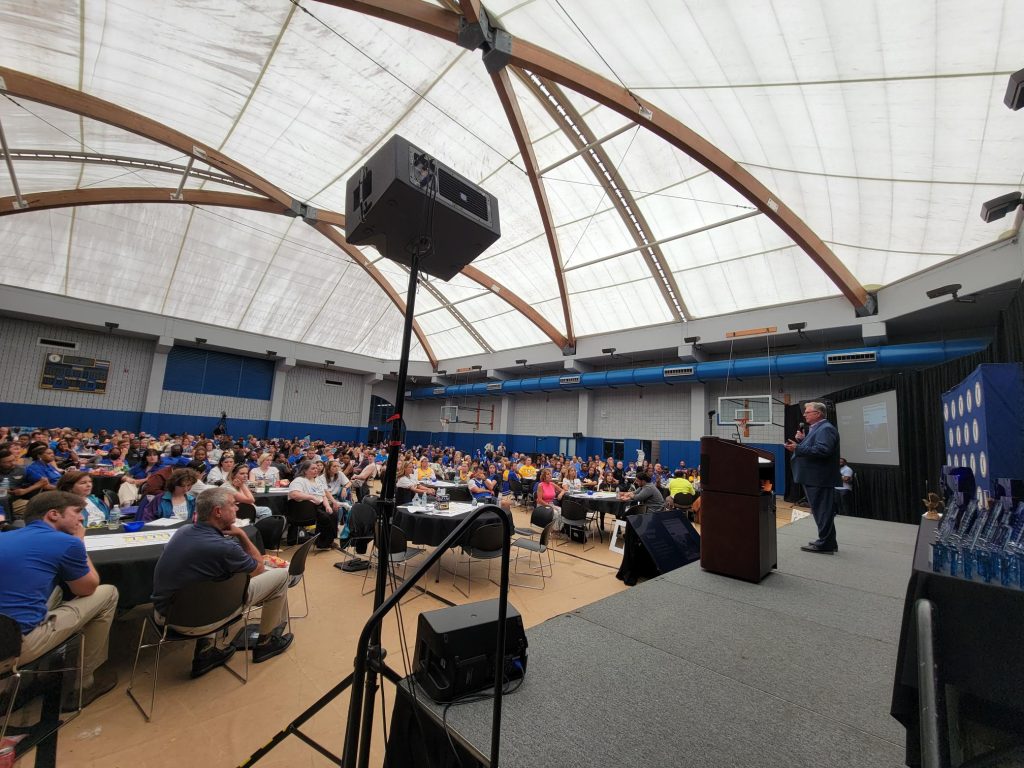 President Jim Murdaugh gives the State of the College address to all faculty and staff at the 2023 Eagles RISE welcome back event.